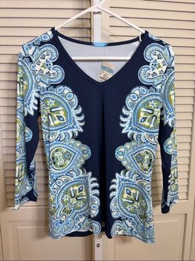 NWT J. McLaughlin Catalina Cloth Paisley Print V-Neck Top in Royal Navy Small